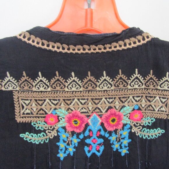 Wounded Navy Floral Embroidery Top Blouse Rayon Crinkle Bohemian - Picture 4 of 9